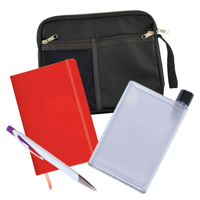 A black zippered bag containing a red notebook, a clear drink bottle, and a white pen with a purple accent.
