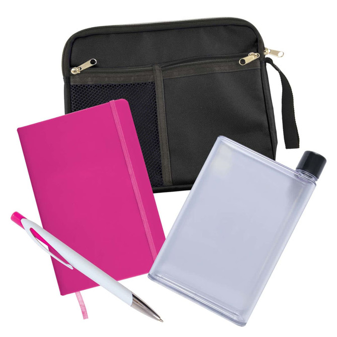 A black zippered pouch containing a pink notebook, a clear drink bottle, and a white pen.