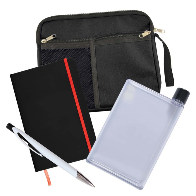 A drink bottle, a notebook with a red stripe, a pen, and a zippered pouch.