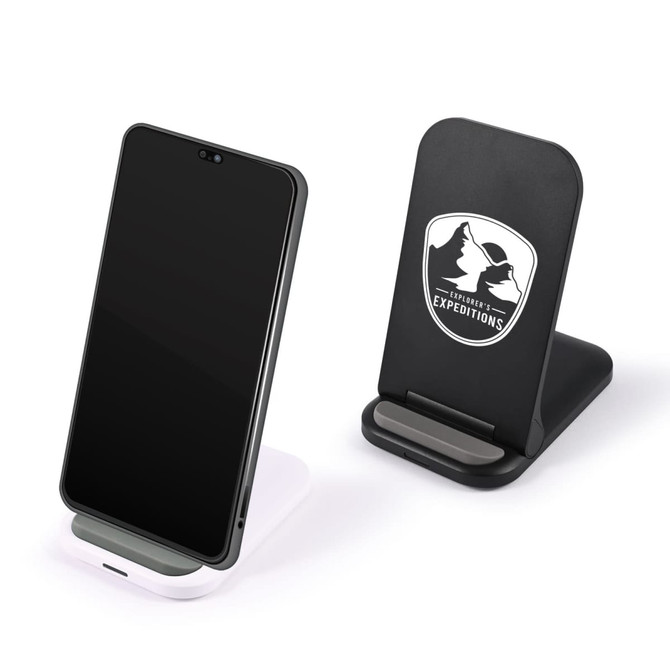 A wireless charger in black and white, with a sleek design and a logo on the black model.