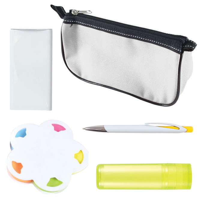 A clear pencil case, a white notepad, a blue pen, a colorful sticky note set, and a green lip balm tube.