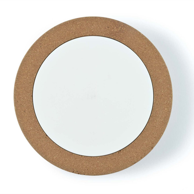 A wireless charger with a round cork exterior and a smooth white charging surface.