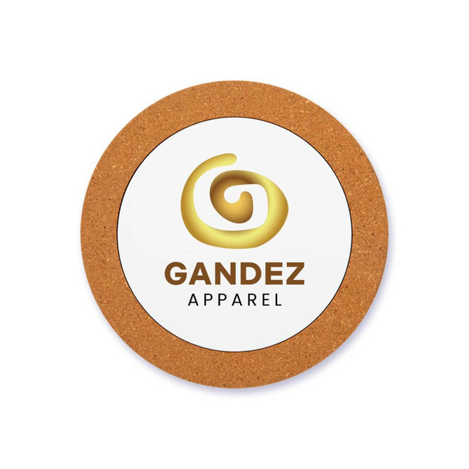 A circular cork coaster featuring a white centre with a gold logo and brown text.