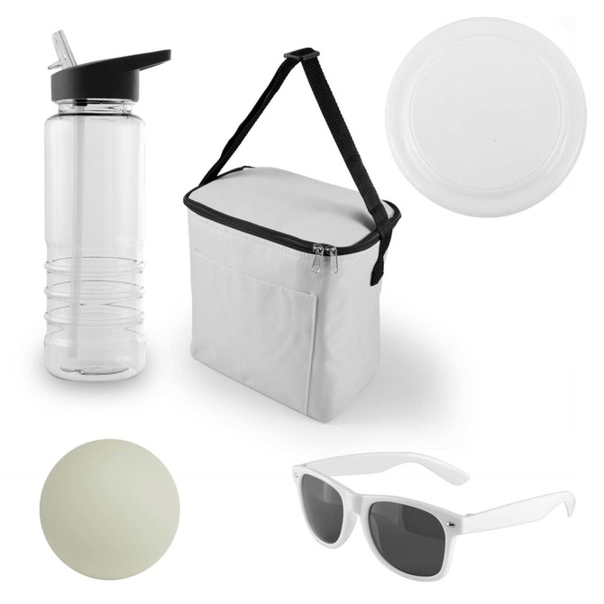 A clear drink bottle, white cooler bag, a frisbee, a green ball, and white sunglasses.