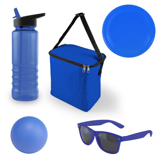 A drink bottle, a blue cooler bag, a round blue ball, a pair of blue sunglasses, and a blue plate.