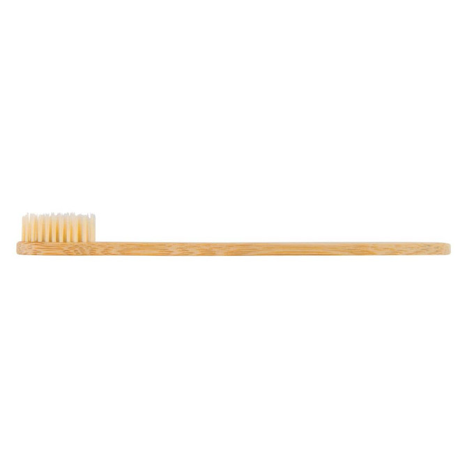 A bamboo toothbrush featuring a wooden handle and soft bristles.