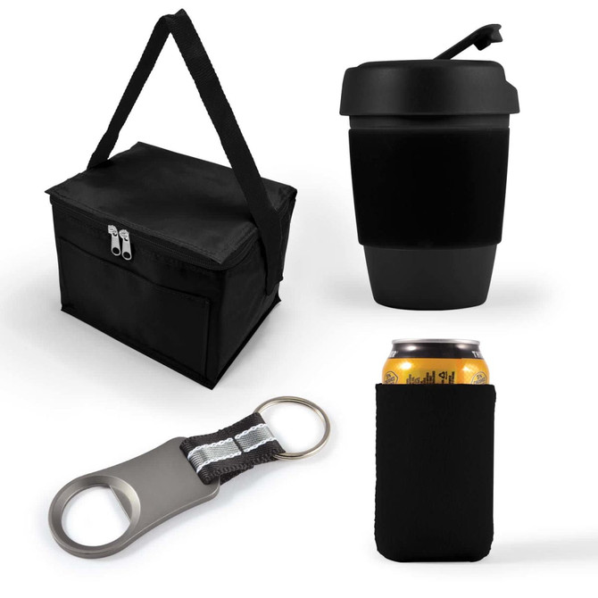 A black cooler bag is featured alongside a black reusable coffee cup, a bottle opener keychain, and a can cooler sleeve.