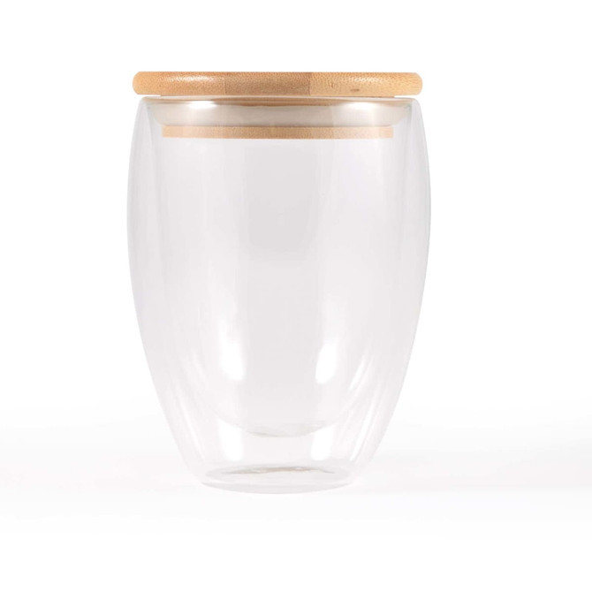 A double wall glass cup with a bamboo lid, featuring a clear design ideal for beverages, sized at 350ml.