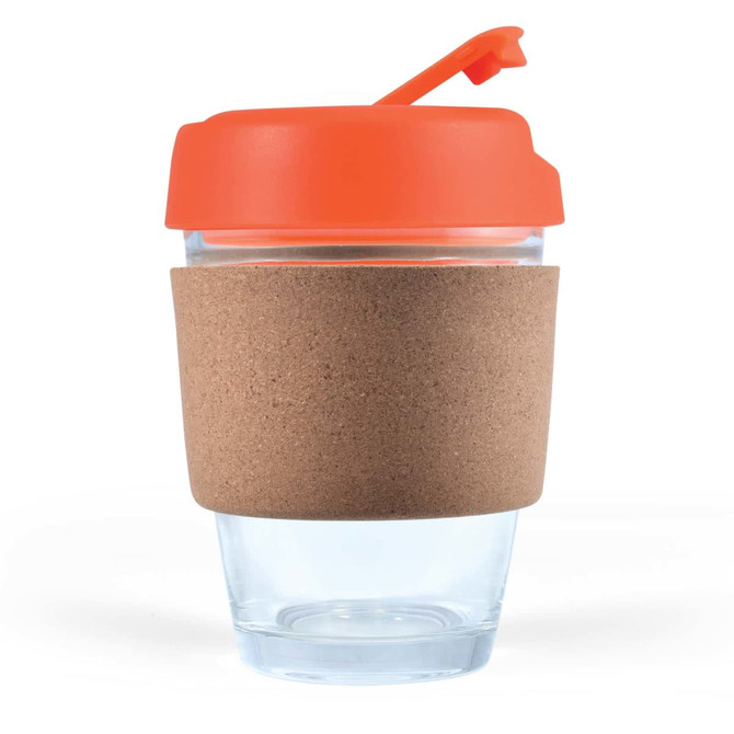 A reusable coffee cup featuring a clear body, an orange lid, and a cork band for insulation.