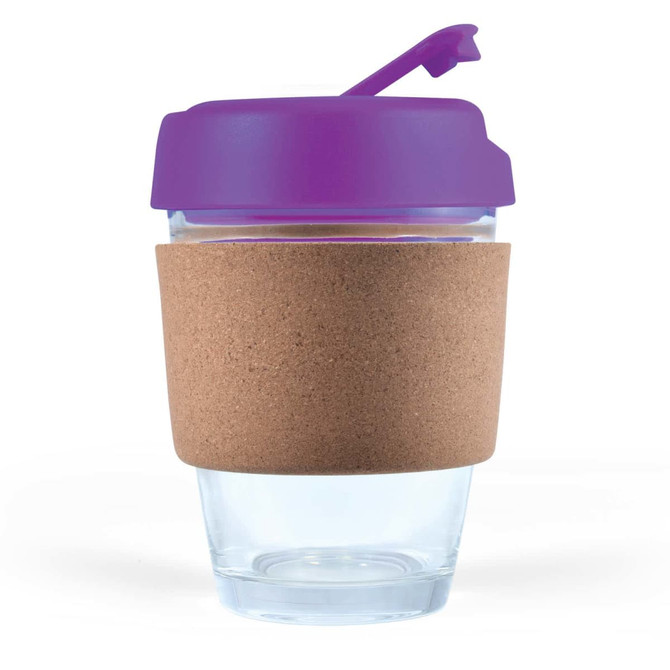 A reusable coffee cup featuring a transparent design with a cork band and a purple lid.