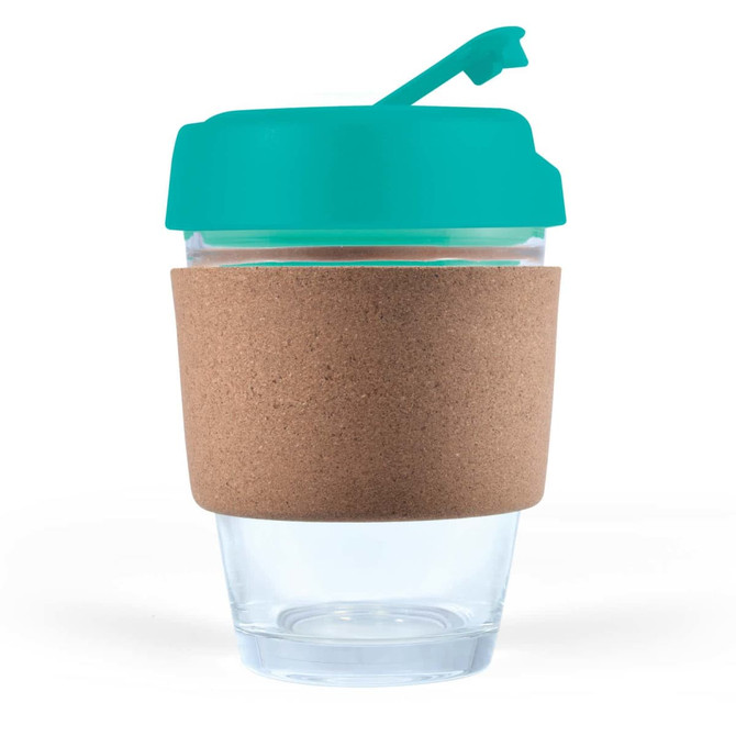 A reusable coffee cup featuring a transparent body, a cork band for grip, and a teal lid with a sippy spout.