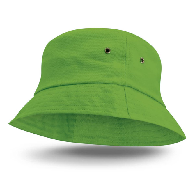 A vibrant green Bondi bucket hat featuring a wide brim and ventilation eyelets, with a logo displayed.