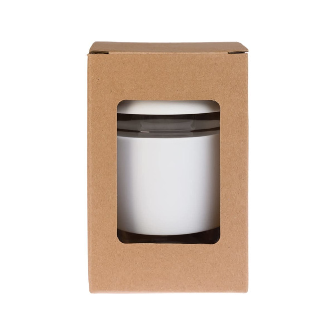 A reusable coffee cup in a white color with a silicone lid, packaged in a brown cardboard box.