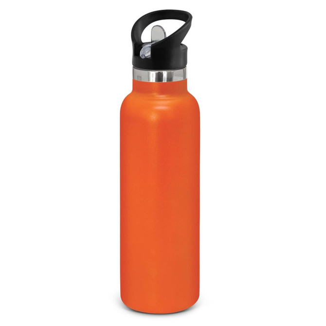 A drink bottle in bright orange with a black handle and a silver band at the top, featuring a logo.