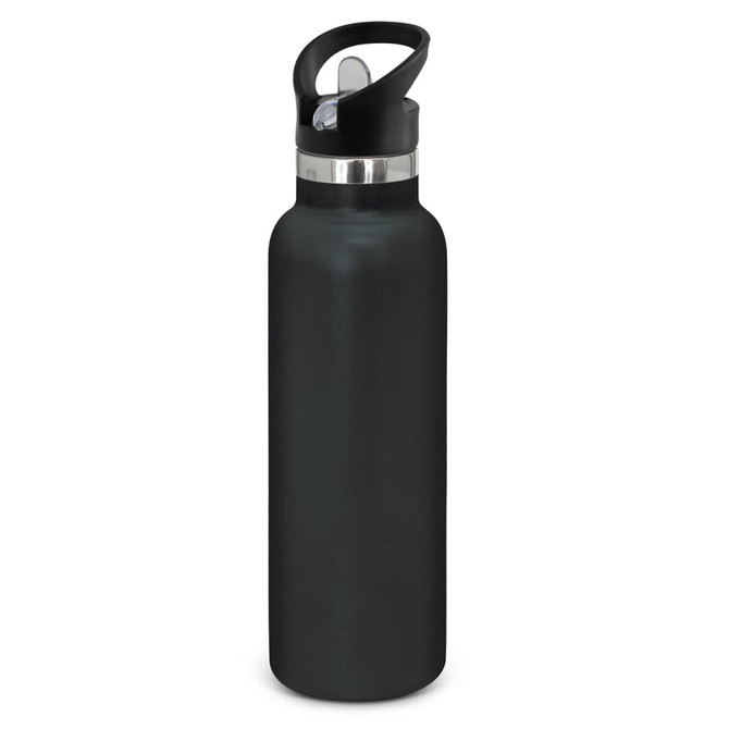 A drink bottle with a sleek, powder-coated exterior and a black lid, designed for durability and insulation.