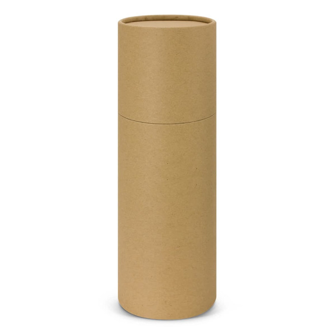 A drink bottle in a cylindrical, unbranded brown cardboard packaging, with a flat lid.