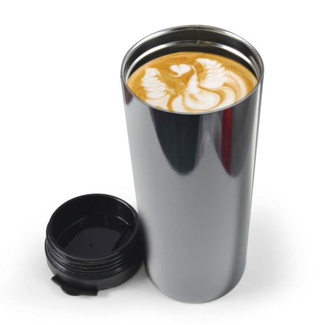 A drink bottle featuring a sleek, metallic design with a lid and a latte with intricate foam art visible inside.