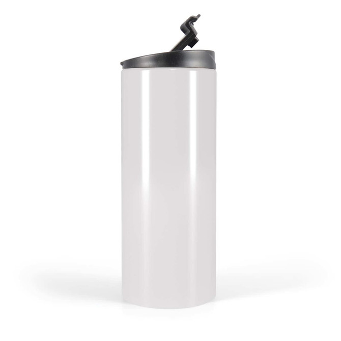 A drink bottle in a sleek white design with a black lid and spout. Features a logo on the side.