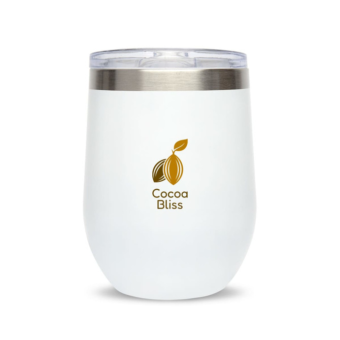 A reusable coffee cup in white with a silver lid, featuring the logo "Cocoa Bliss."