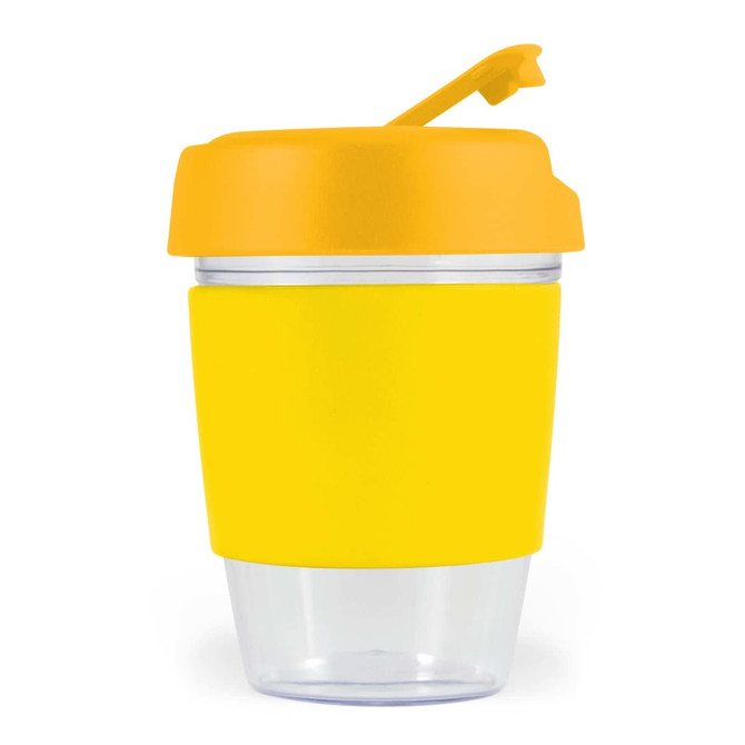 A drink cup featuring a clear body with a bright yellow silicone band and lid. It has a curved design and a small tab.