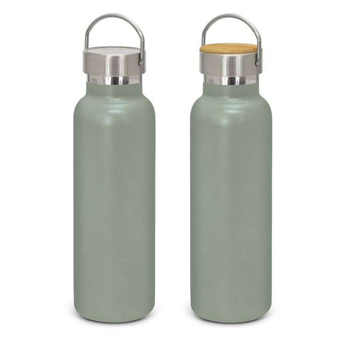 A drink bottle in matte green with a stainless steel cap and a wooden top, featuring a logo.