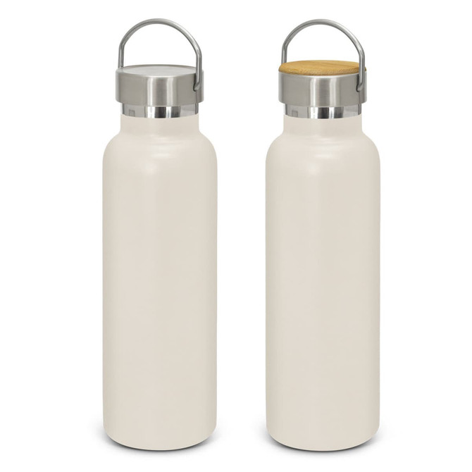 A drink bottle featuring a powder-coated cream finish with a stainless steel lid and a wooden accent. It has a logo.