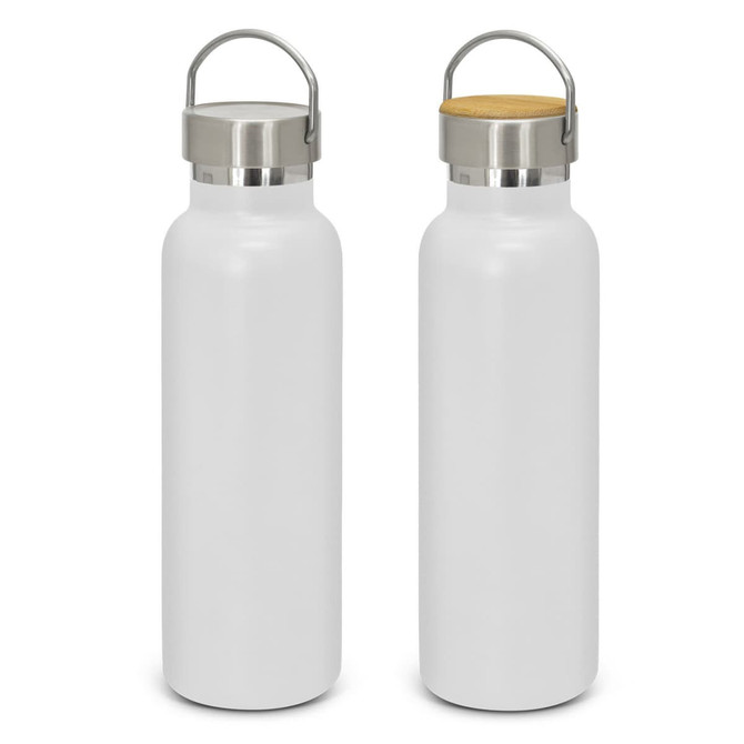 A drink bottle featuring a sleek white powder-coated finish, stainless steel cap, and a bamboo top.