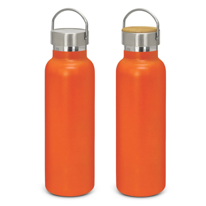 A drink bottle featuring a vibrant orange powder-coated exterior and a stainless steel lid with a wooden cap.