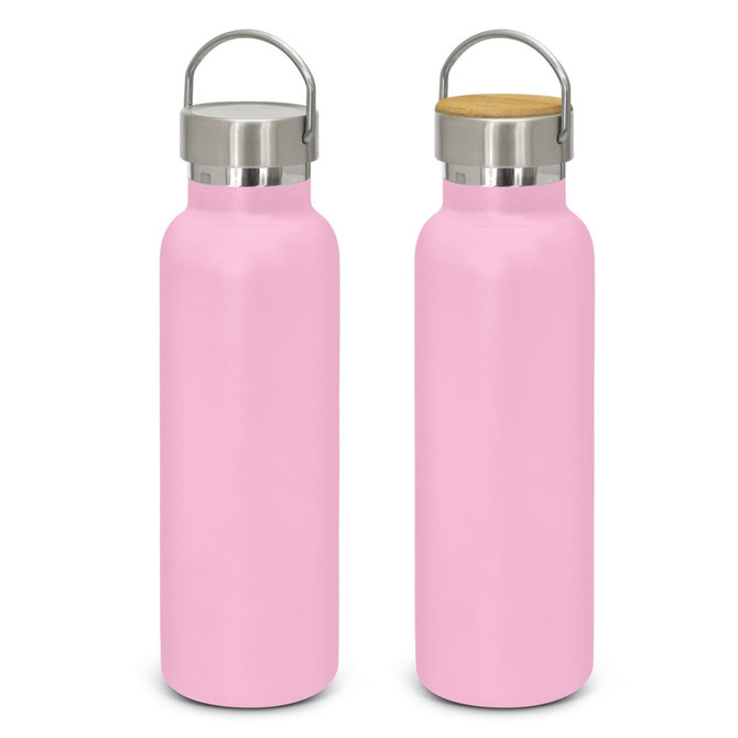A drink bottle in a soft pink powder-coated finish with a metallic lid and wooden accent. Features a logo on one side.