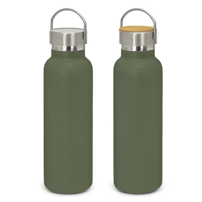 A drink bottle in matte olive green with a stainless steel lid and a bamboo top. Features a logo.