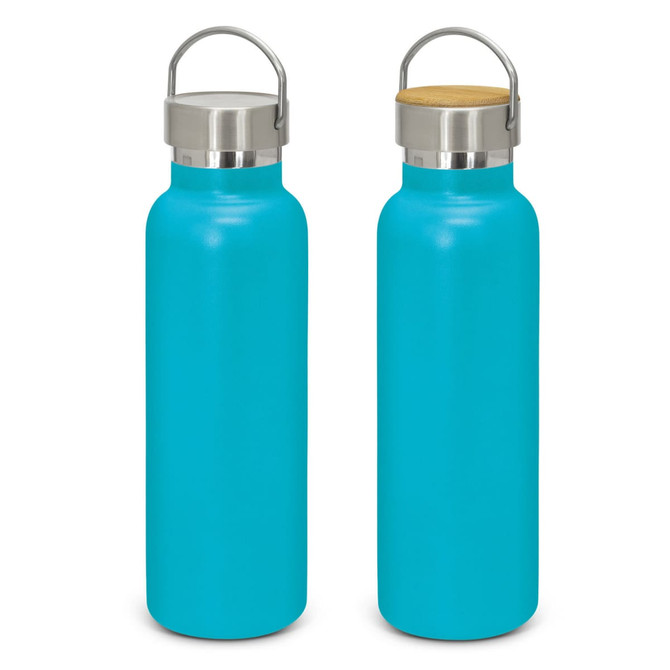 A drink bottle in a vibrant turquoise colour with a stainless steel and bamboo lid; features a logo.