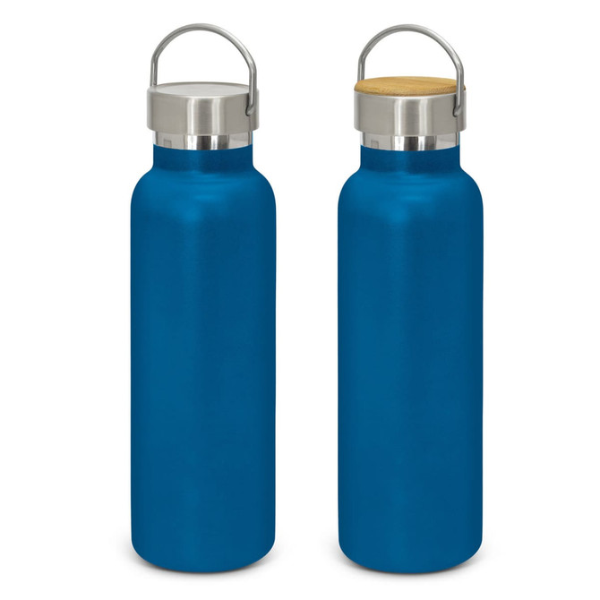 A drink bottle in a vibrant blue colour, featuring a stainless steel lid and a wooden accent, with a brand logo.