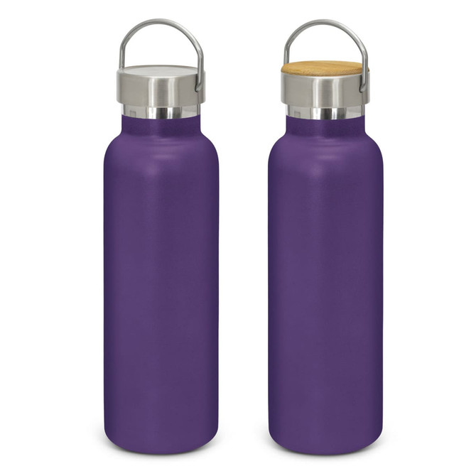 A drink bottle in a vibrant purple finish with a stainless steel lid and a bamboo top. It features a logo.