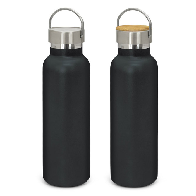A drink bottle in matte black with a stainless steel lid and a bamboo top, featuring a logo on the side.