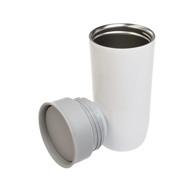 A stainless steel coffee cup with a white exterior and a gray lid, designed for reusable drinkware.