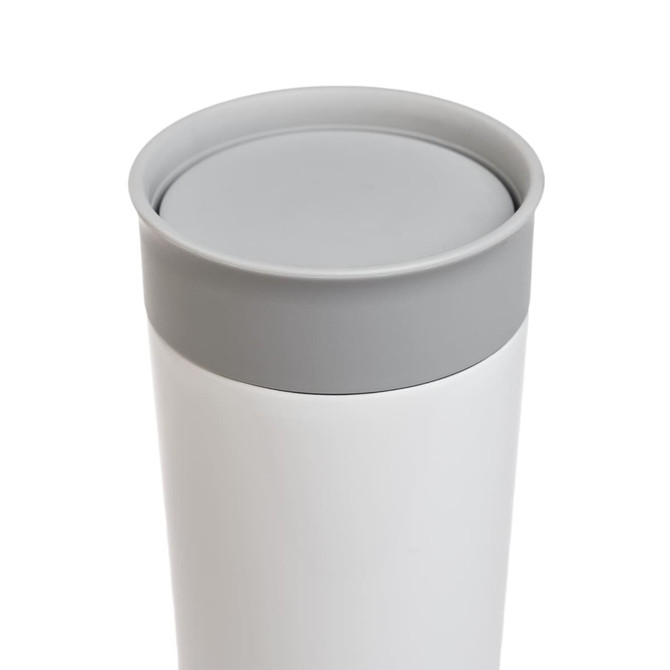 A stainless steel coffee cup with a sleek design and a grey lid.