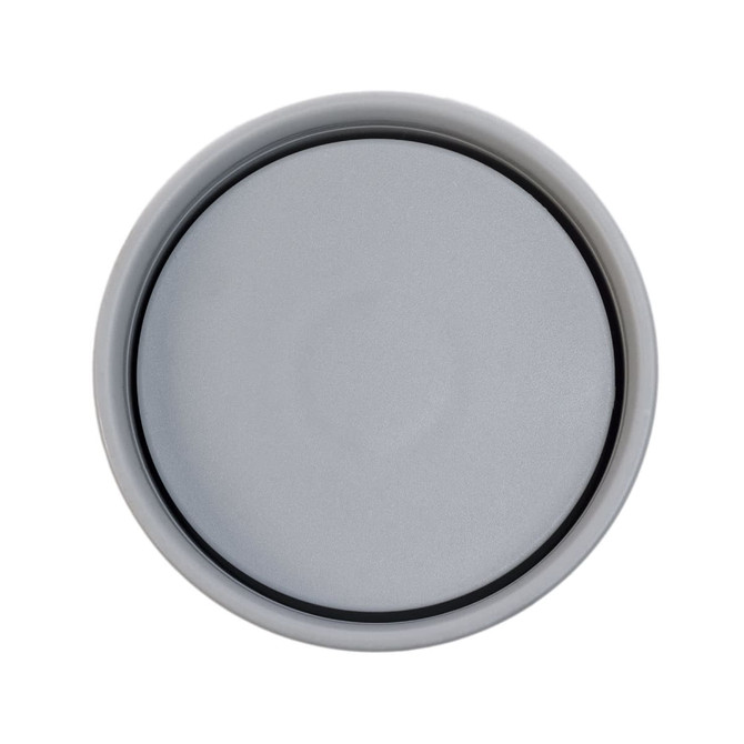 A stainless steel coffee cup in a silver color, featuring a smooth, round top with a rim. It has a logo on the side.