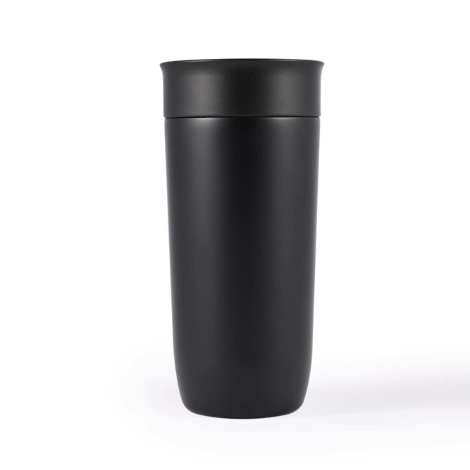 A stainless steel coffee cup with a sleek black finish and a matching lid, designed for reusable drinkware.
