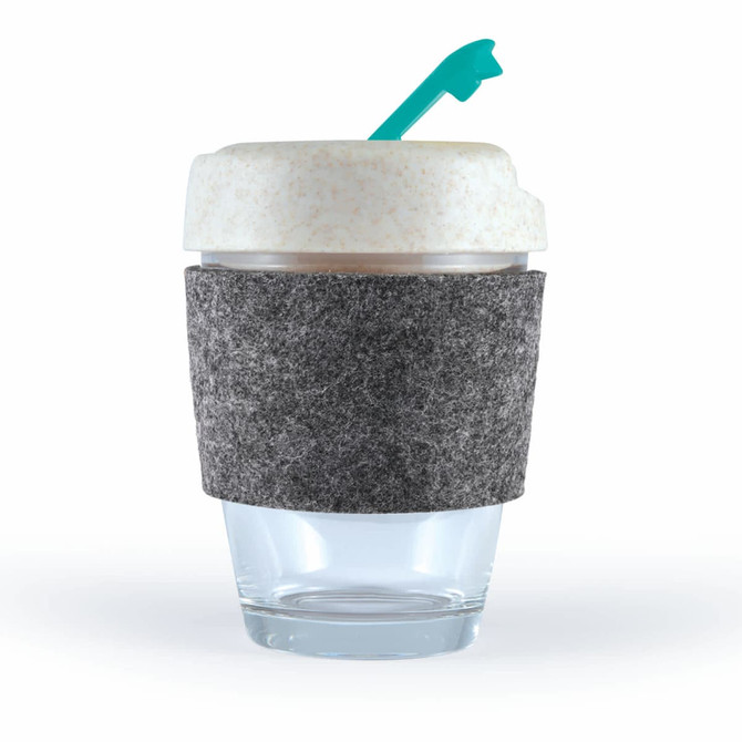 A reusable coffee cup with a textured gray band, a light-colored lid, and a teal straw. It features a logo.