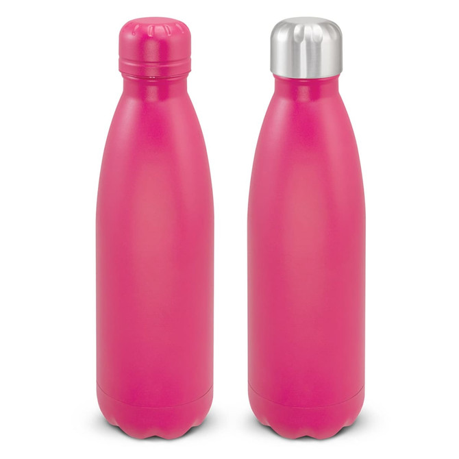 A drink bottle in vibrant pink with a stainless steel cap, featuring a sleek, powder-coated finish and a logo.
