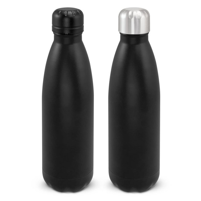 A drink bottle in matte black with a stainless steel lid. The design features a sleek, powder-coated finish and a logo.