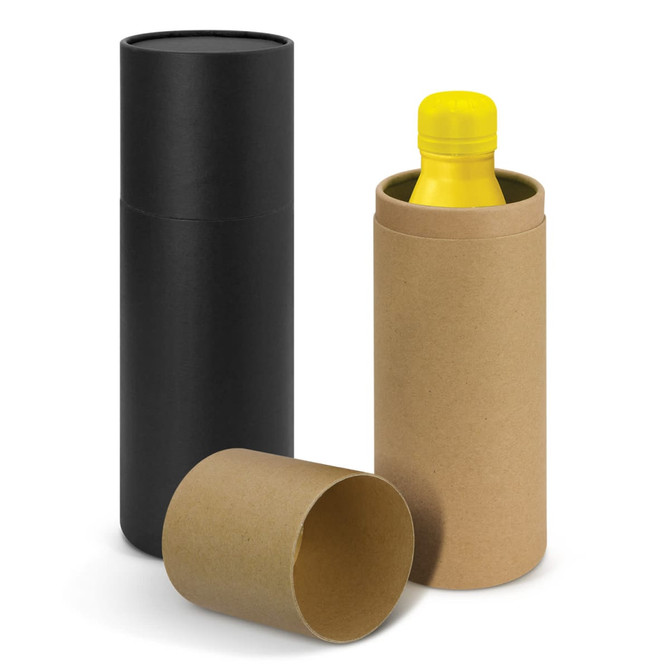 A drink bottle with a yellow lid, presented inside a brown and a black cylindrical box. The product has a logo.