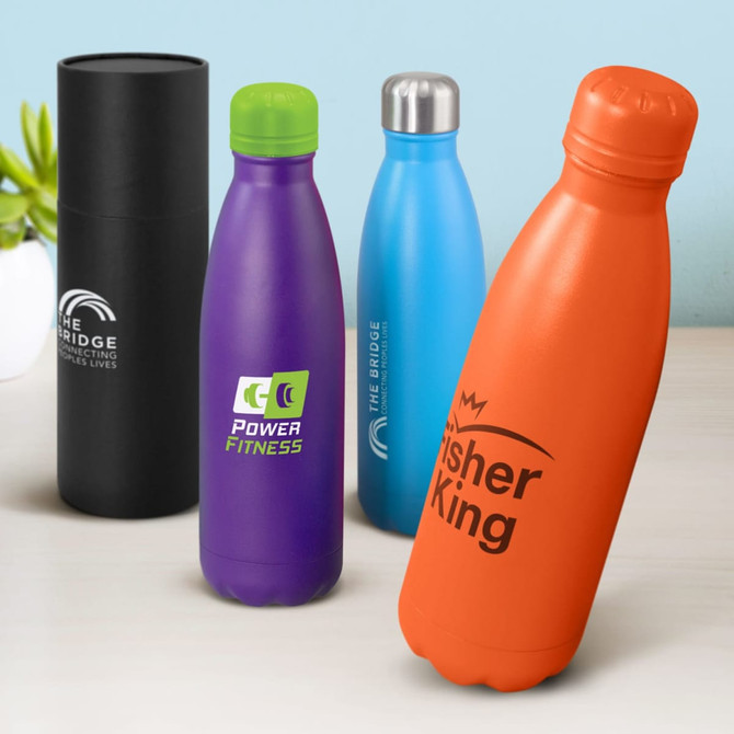 A drink bottle collection featuring colours orange, blue, purple, and black, with varied designs and a logo on one.
