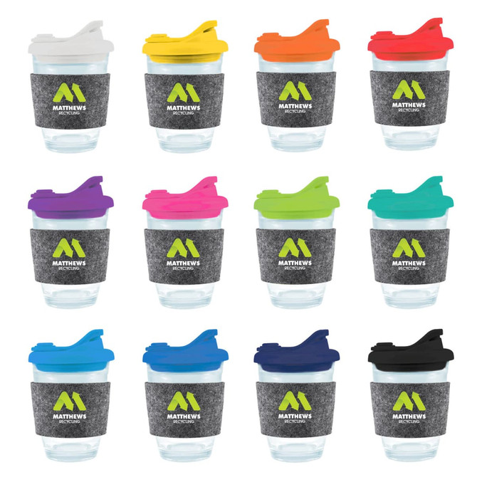 A row of reusable coffee cups in various colors with a band and lid, featuring a logo.
