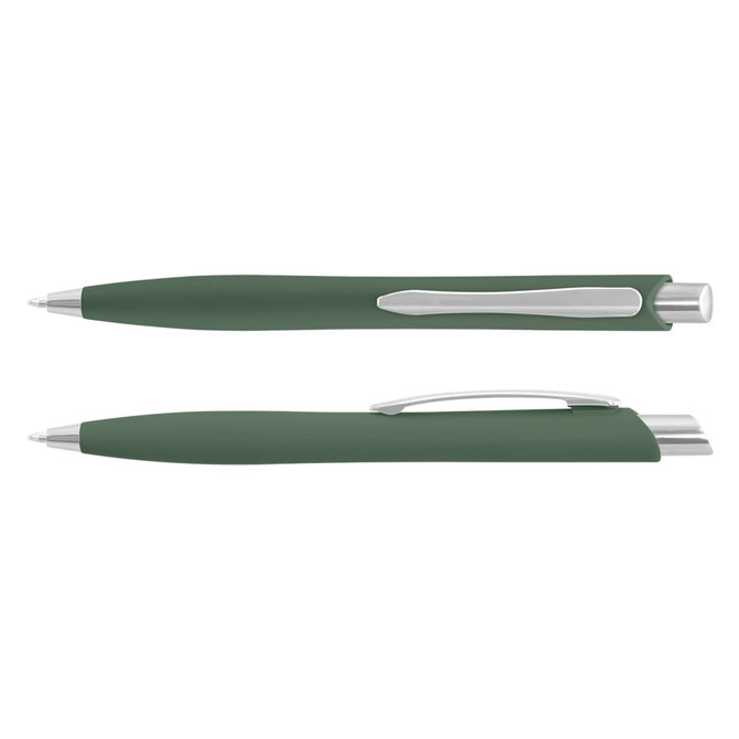 A green plastic pen with silver accents and a clip, featuring a sleek design and a logo.