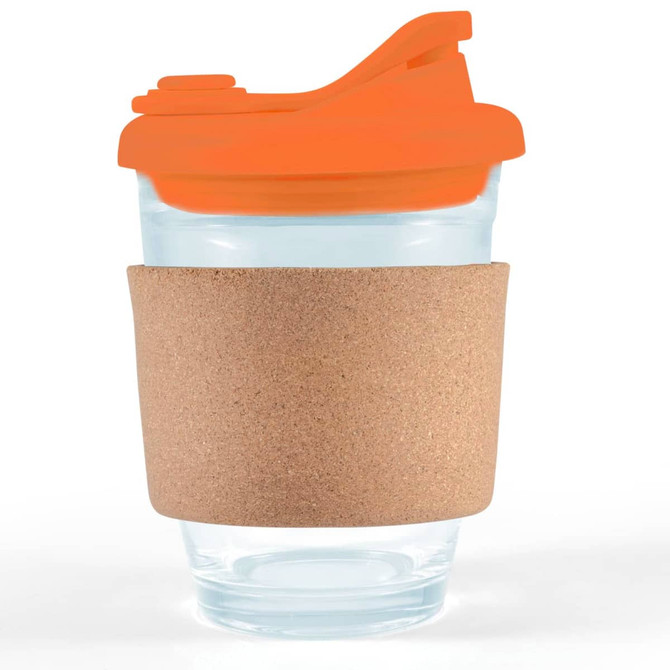 A reusable coffee cup featuring a transparent glass body, an orange snap lid, and a cork band for insulation.