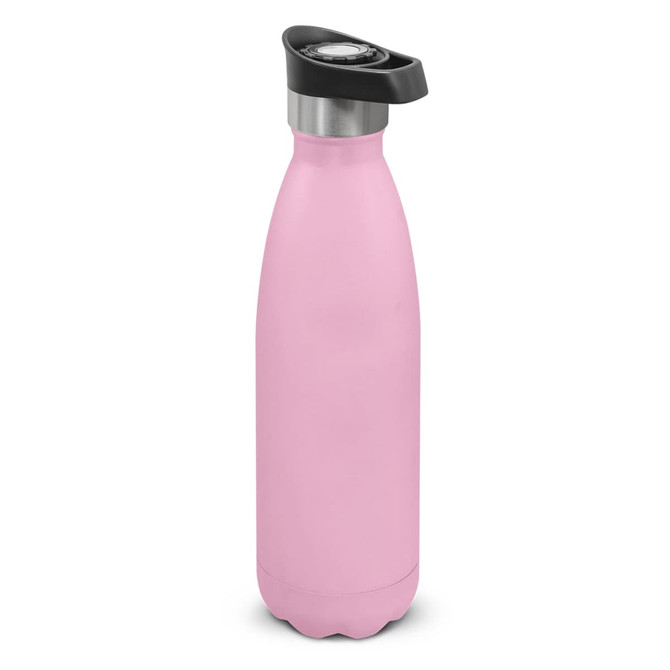A drink bottle in pink with a push-button lid and stainless steel accents, featuring a brand logo.