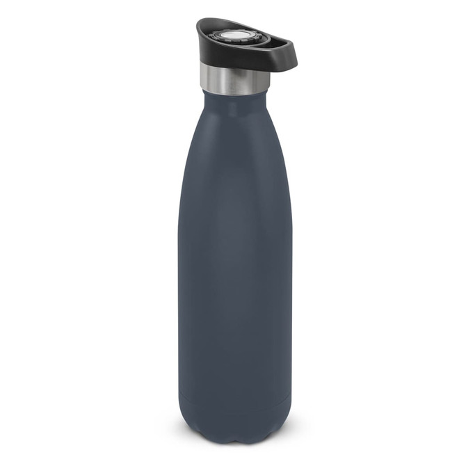 A drink bottle with a matte blue finish, featuring a stainless steel push button lid and a sleek design.