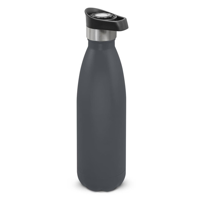 A drink bottle in dark grey with a push-button lid and stainless steel accents. Features a sleek, powder-coated finish.