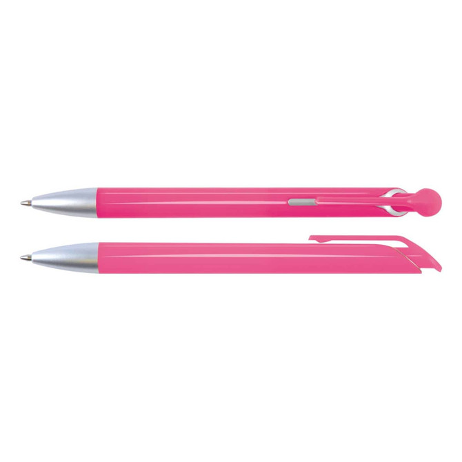A set of two pink plastic pens with silver accents and distinct designs. One is retractable, while the other has a clip.